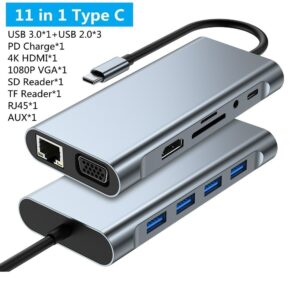 USB-C HUB 11 IN 1(USB 3.0*4+HDMI+PD+USB-C+LAN+SD & MICRO CARD+VGA FEMALE)